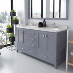 Caroline Avenue 60" Double Bath Vanity in Gray with White Quartz Top and Round Sinks with Brushed Nickel Faucets and Mirror