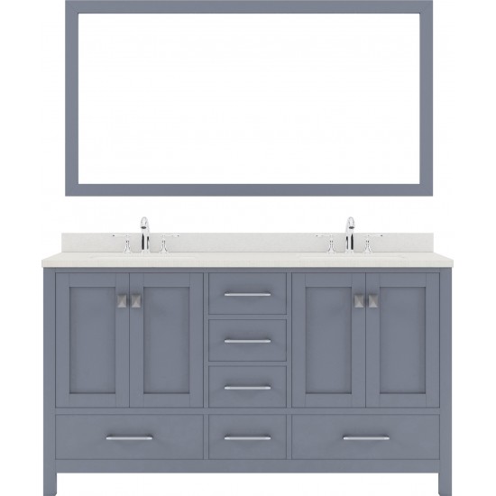 Caroline Avenue 60" Double Bath Vanity in Gray with White Quartz Top and Round Sinks with Polished Chrome Faucets and Mirror