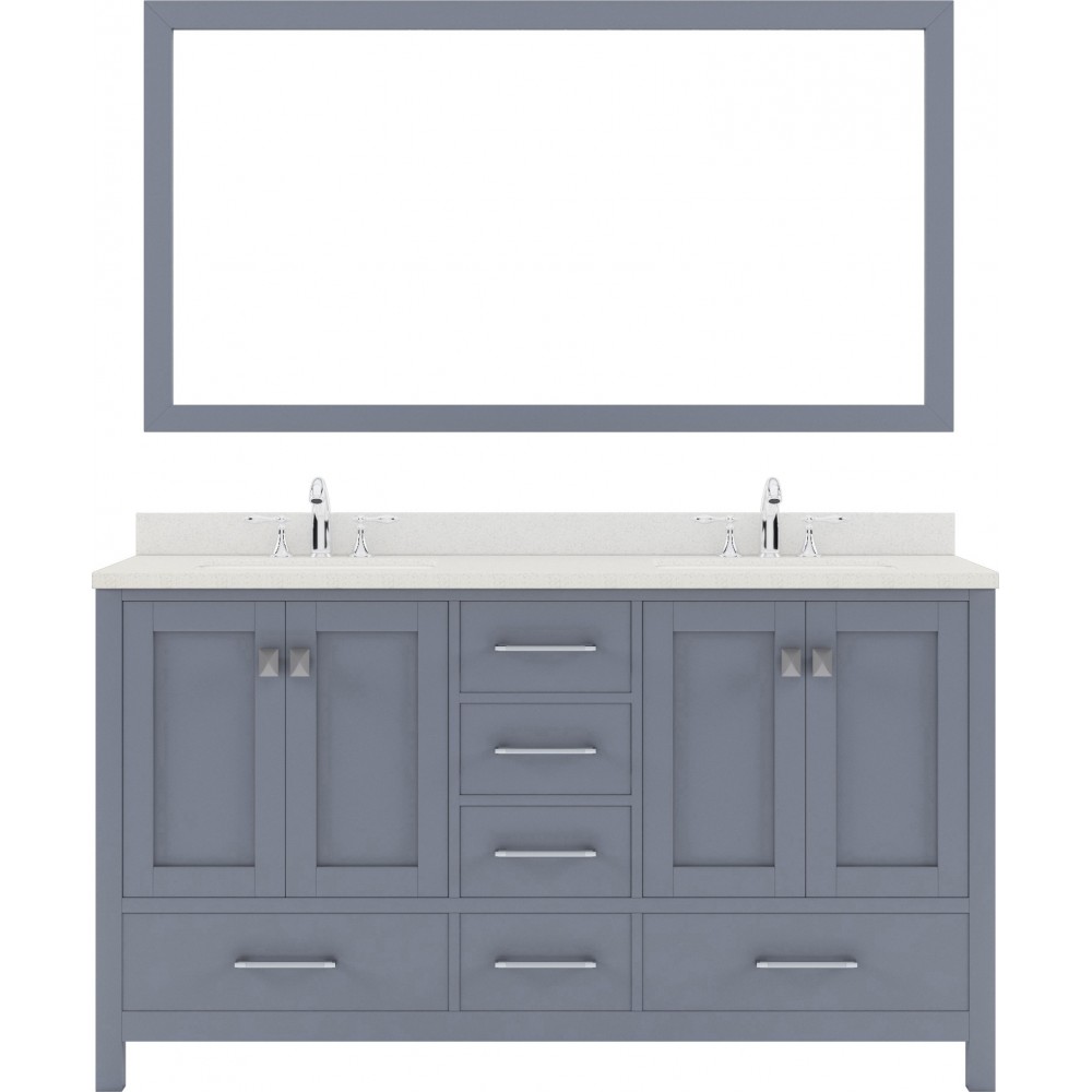 Caroline Avenue 60" Double Bath Vanity in Gray with White Quartz Top and Round Sinks with Polished Chrome Faucets and Mirror