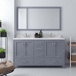 Caroline Avenue 60" Double Bath Vanity in Gray with White Quartz Top and Round Sinks with Polished Chrome Faucets and Mirror