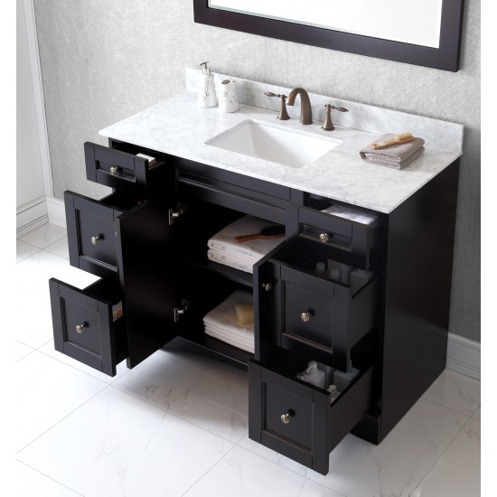 Elise 48" Single Bath Vanity in Espresso with White Marble Top and Square Sink and Matching Mirror