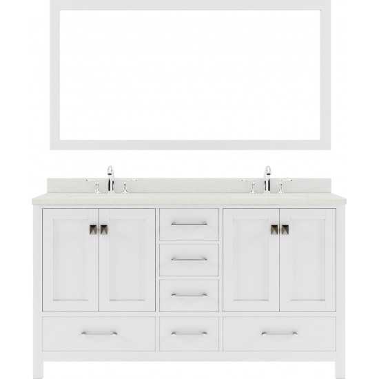 Caroline Avenue 60" Double Bath Vanity in White with White Quartz Top and Round Sinks and Matching Mirror