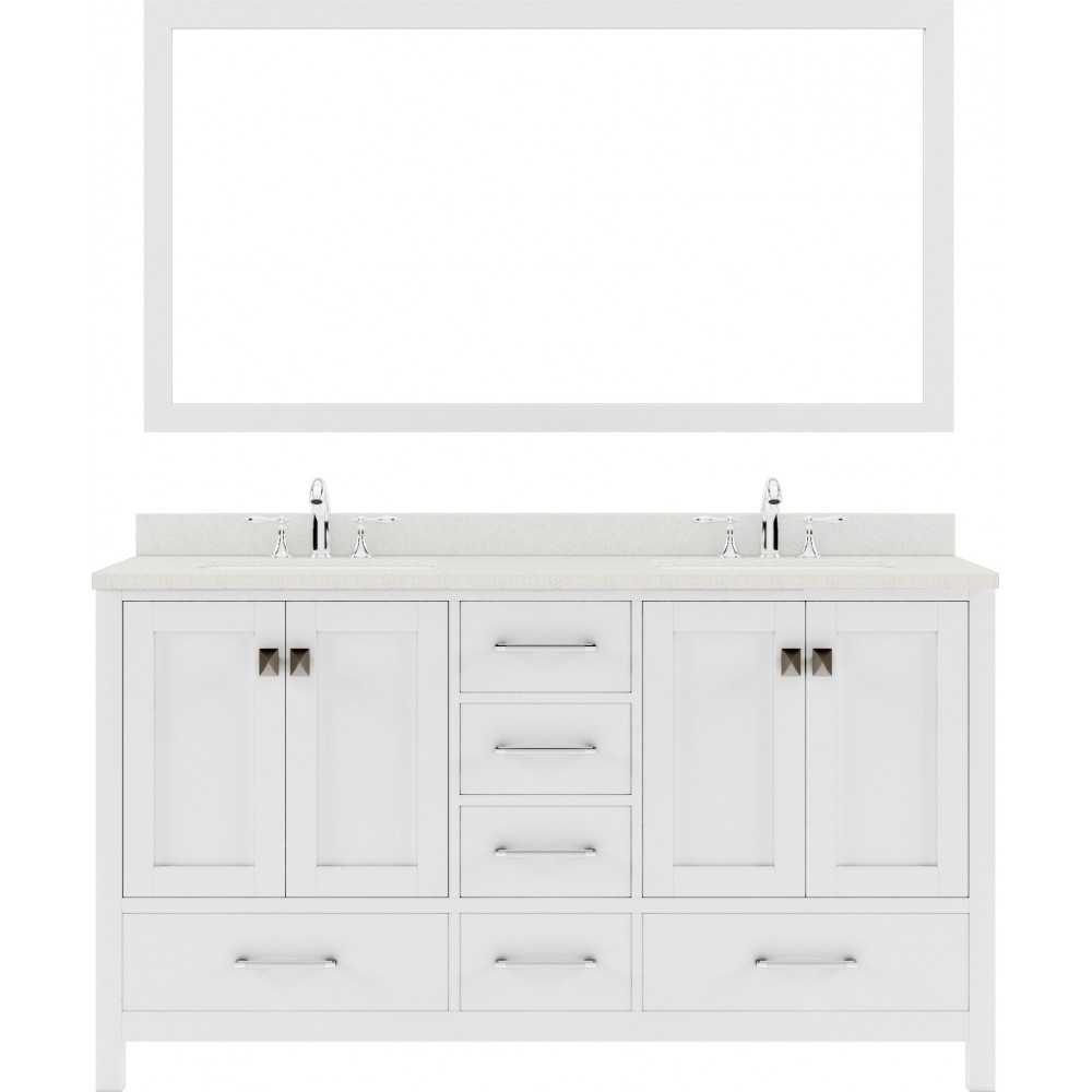 Caroline Avenue 60" Double Bath Vanity in White with White Quartz Top and Round Sinks and Matching Mirror