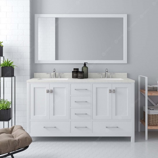 Caroline Avenue 60" Double Bath Vanity in White with White Quartz Top and Round Sinks and Matching Mirror