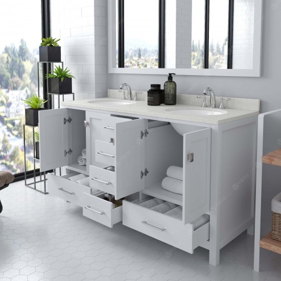 Caroline Avenue 60" Double Bath Vanity in White with White Quartz Top and Round Sinks and Matching Mirror
