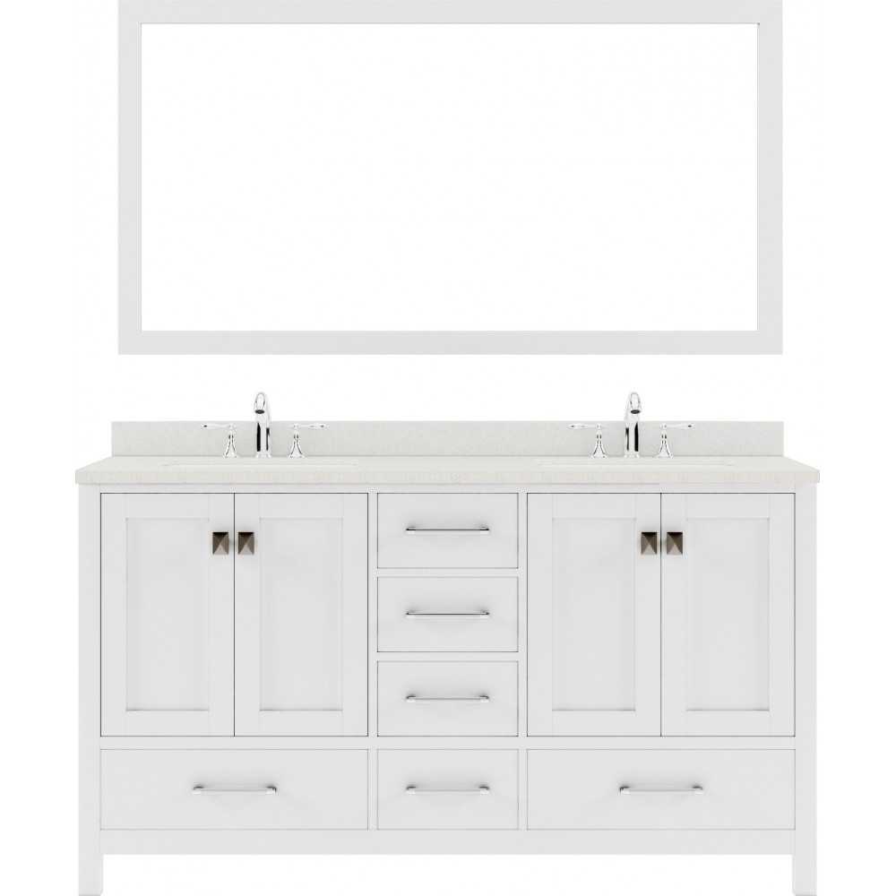 Caroline Avenue 60" Double Bath Vanity in White with White Quartz Top and Round Sinks with Brushed Nickel Faucets and Mirror