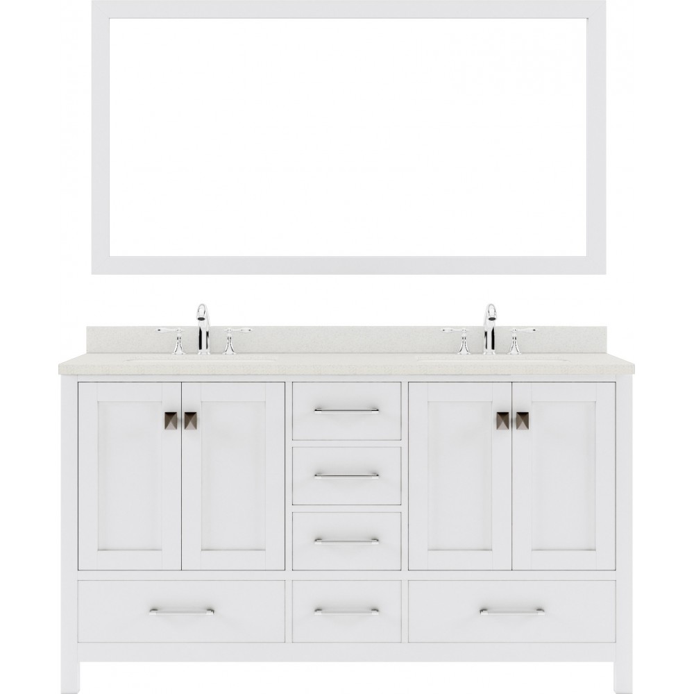 Caroline Avenue 60" Double Bath Vanity in White with White Quartz Top and Round Sinks with Polished Chrome Faucets and Mirror