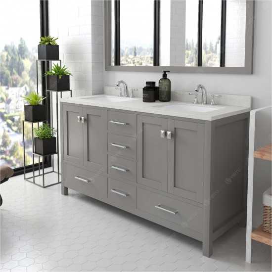 Caroline Avenue 60" Double Bath Vanity in Cashmere Gray with White Quartz Top and Square Sinks and Matching Mirror