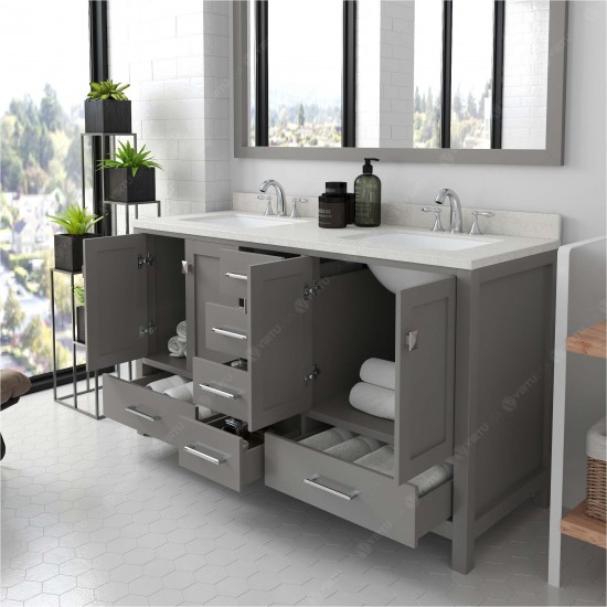 Caroline Avenue 60" Double Bath Vanity in Cashmere Gray with White Quartz Top and Square Sinks and Matching Mirror