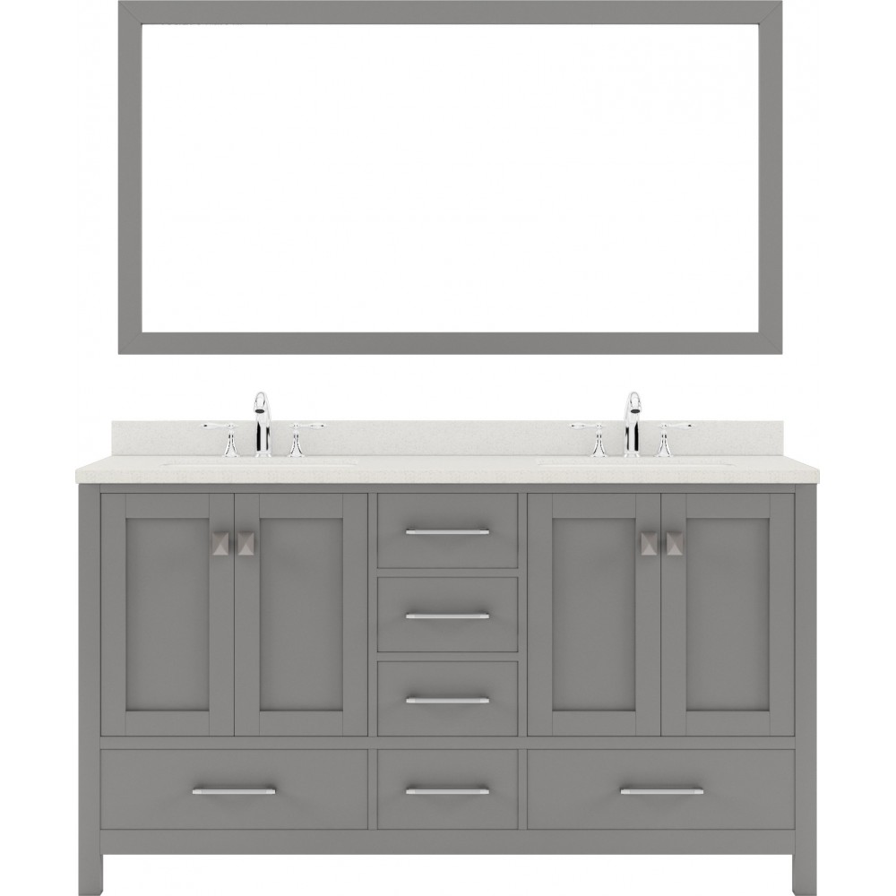 Caroline Avenue 60" Double Vanity in Cashmere Gray with White Quartz Top, Square Sinks with Polished Chrome Faucets, Mirror
