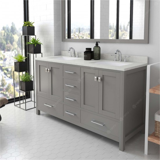 Caroline Avenue 60" Double Vanity in Cashmere Gray with White Quartz Top, Square Sinks with Polished Chrome Faucets, Mirror