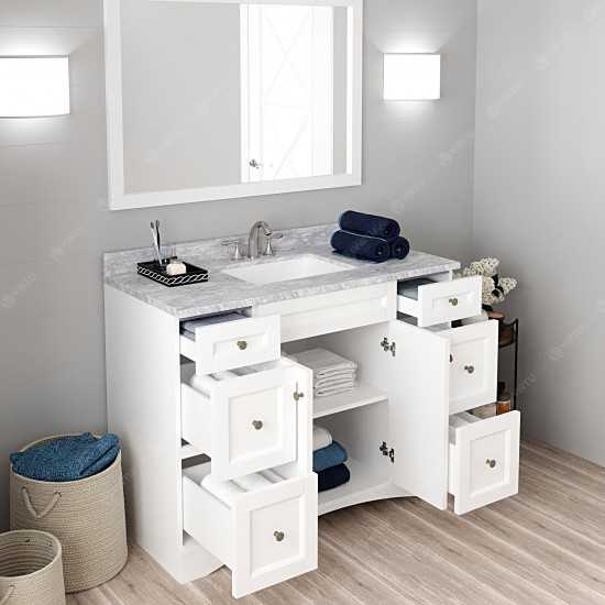 Elise 48" Single Bath Vanity in White with White Marble Top and Square Sink and Matching Mirror