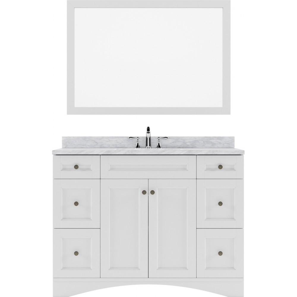 Elise 48" Single Bath Vanity in White with White Marble Top and Square Sink with Brushed Nickel Faucet and Matching Mirror