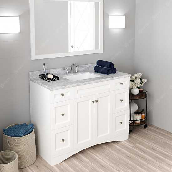 Elise 48" Single Bath Vanity in White with White Marble Top and Square Sink with Brushed Nickel Faucet and Matching Mirror