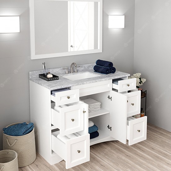 Elise 48" Single Bath Vanity in White with White Marble Top and Square Sink with Brushed Nickel Faucet and Matching Mirror