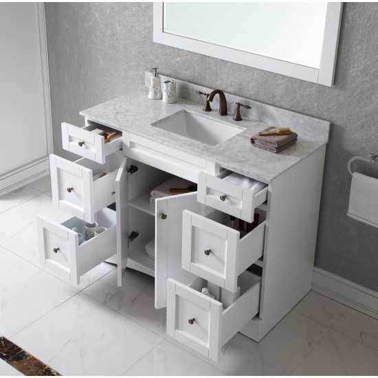 Elise 48" Single Bath Vanity in White with White Marble Top and Square Sink with Brushed Nickel Faucet and Matching Mirror