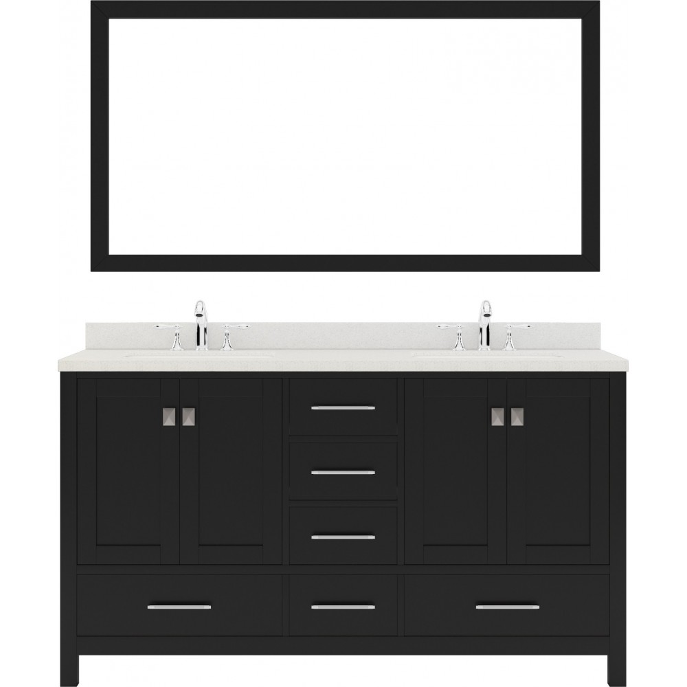 Caroline Avenue 60" Double Vanity in Espresso with White Quartz Top and Square Sinks with Polished Chrome Faucets and Mirror