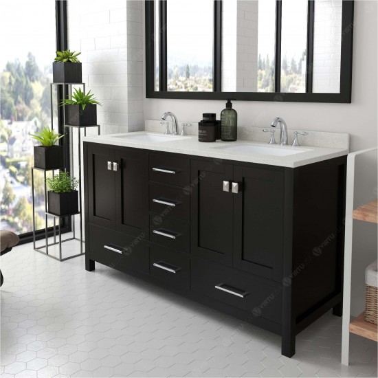 Caroline Avenue 60" Double Vanity in Espresso with White Quartz Top and Square Sinks with Polished Chrome Faucets and Mirror