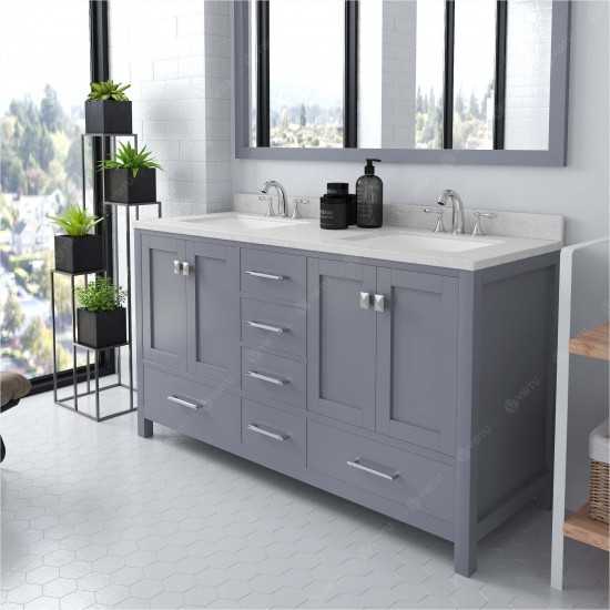 Caroline Avenue 60" Double Bath Vanity in Gray with White Quartz Top and Square Sinks and Matching Mirror