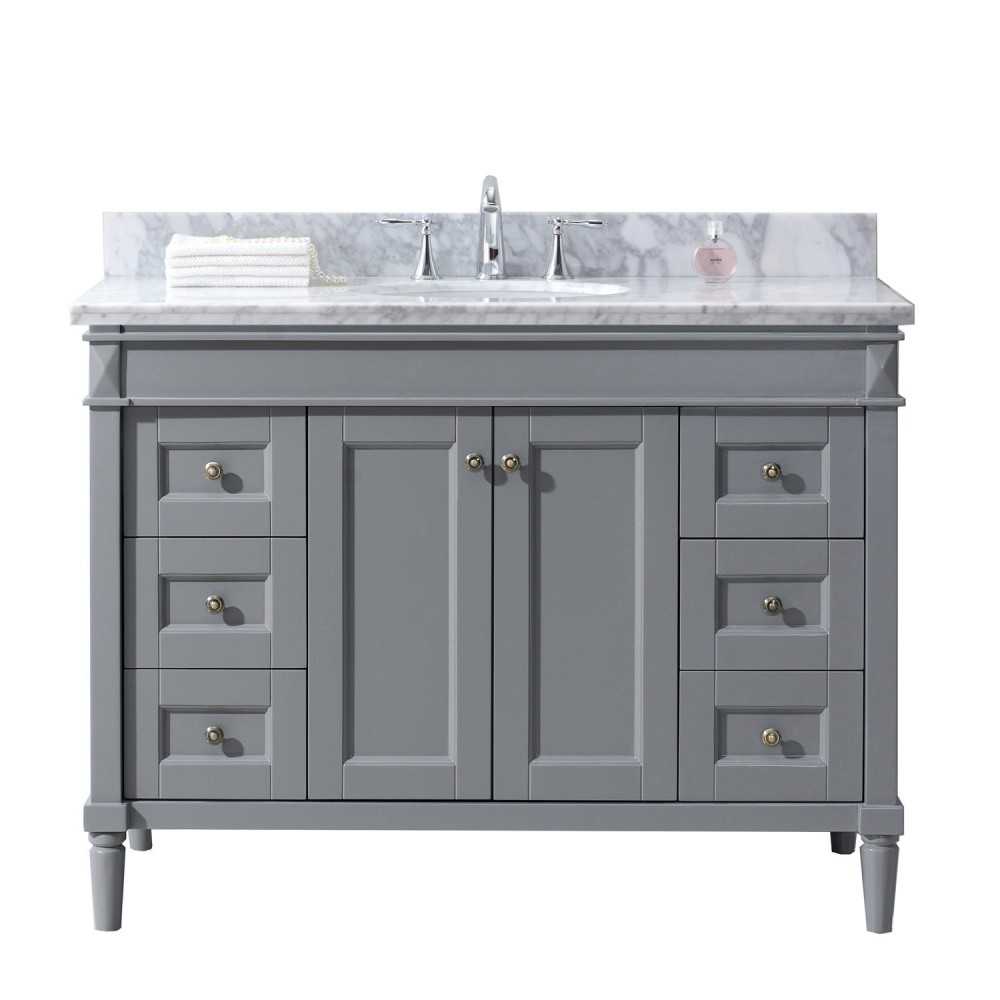 Tiffany 48" Single Bath Vanity in Gray with White Marble Top and Round Sink and Matching Mirror