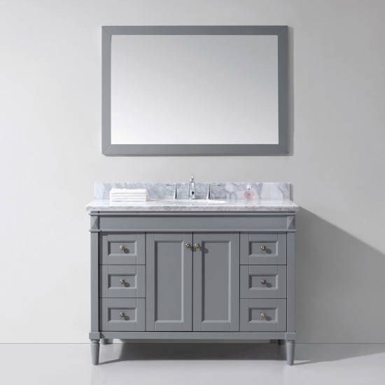 Tiffany 48" Single Bath Vanity in Gray with White Marble Top and Round Sink and Matching Mirror