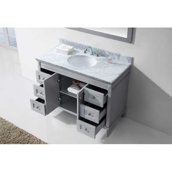 Tiffany 48" Single Bath Vanity in Gray with White Marble Top and Round Sink and Matching Mirror