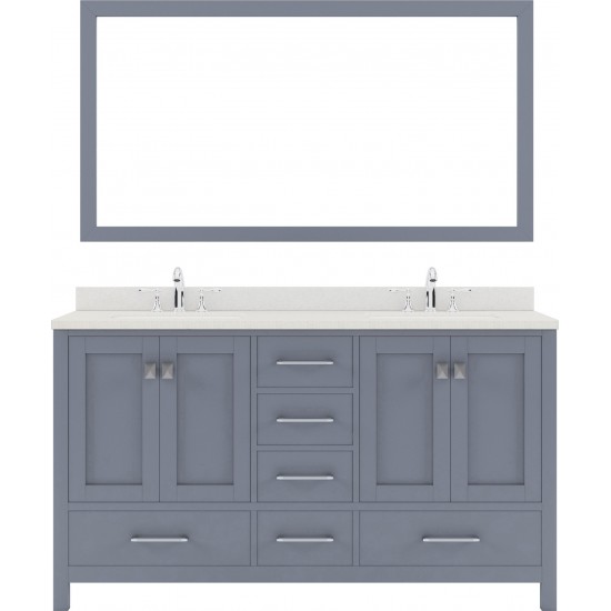 Caroline Avenue 60" Double Bath Vanity in Gray with White Quartz Top and Square Sinks with Polished Chrome Faucets and Mirror