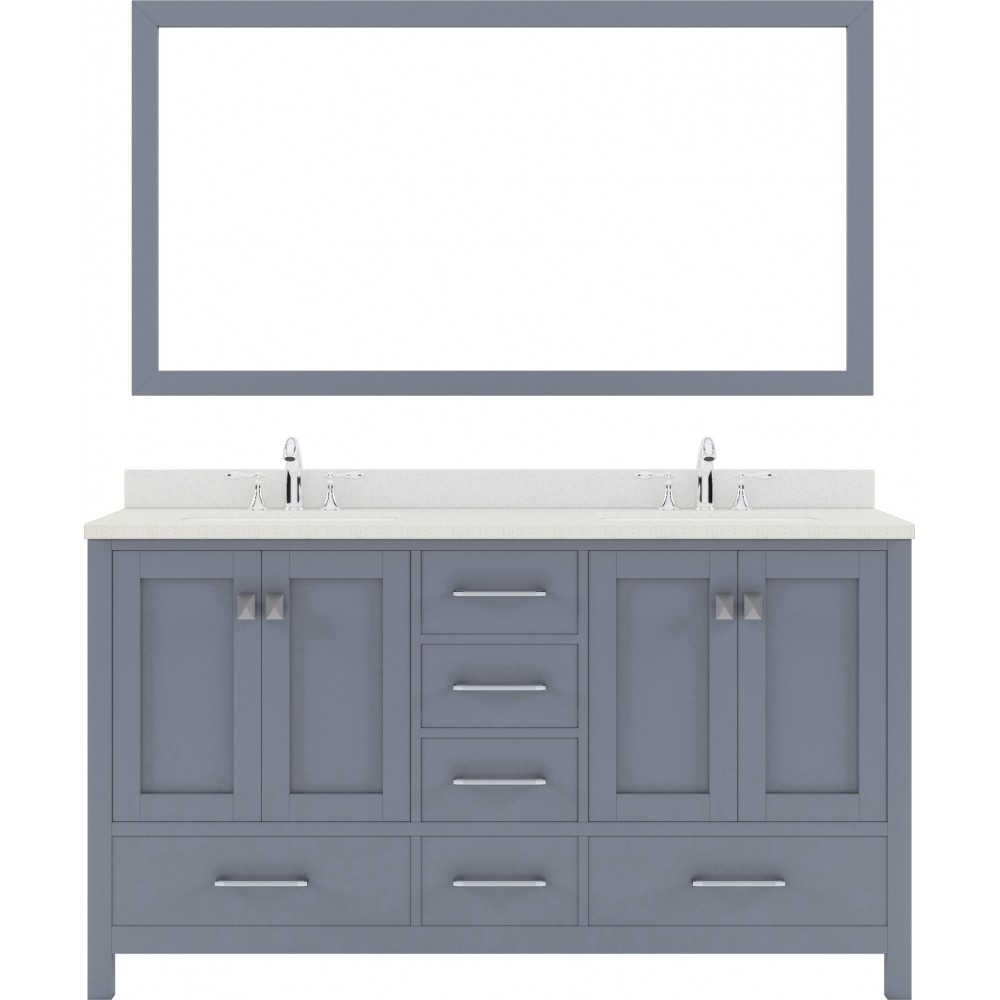 Caroline Avenue 60" Double Bath Vanity in Gray with White Quartz Top and Square Sinks with Polished Chrome Faucets and Mirror