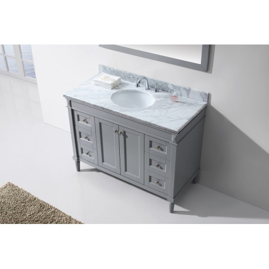 Tiffany 48" Single Bath Vanity in Gray with White Marble Top and Round Sink and Matching Mirror