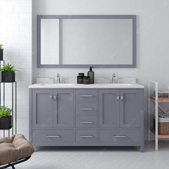 Caroline Avenue 60" Double Bath Vanity in Gray with White Quartz Top and Square Sinks with Polished Chrome Faucets and Mirror