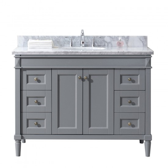 Tiffany 48" Single Bath Vanity in Gray with White Marble Top and Round Sink with Brushed Nickel Faucet and Matching Mirror