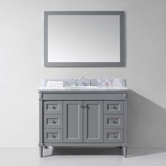 Tiffany 48" Single Bath Vanity in Gray with White Marble Top and Round Sink with Brushed Nickel Faucet and Matching Mirror