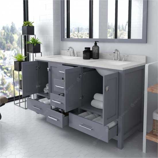 Caroline Avenue 60" Double Bath Vanity in Gray with White Quartz Top and Square Sinks with Polished Chrome Faucets and Mirror