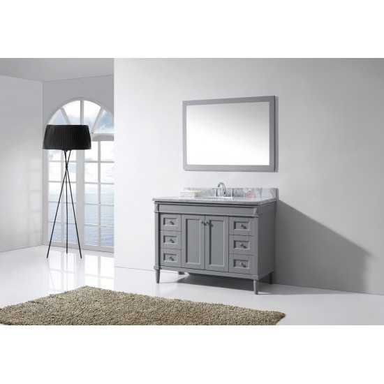 Tiffany 48" Single Bath Vanity in Gray with White Marble Top and Round Sink with Brushed Nickel Faucet and Matching Mirror