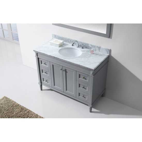 Tiffany 48" Single Bath Vanity in Gray with White Marble Top and Round Sink with Brushed Nickel Faucet and Matching Mirror