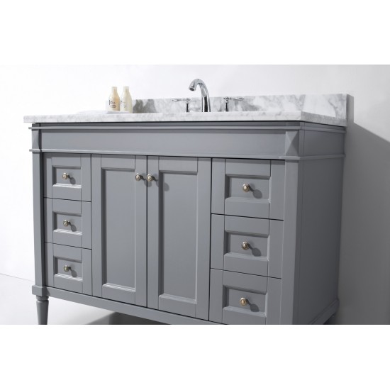 Tiffany 48" Single Bath Vanity in Gray with White Marble Top and Round Sink with Brushed Nickel Faucet and Matching Mirror