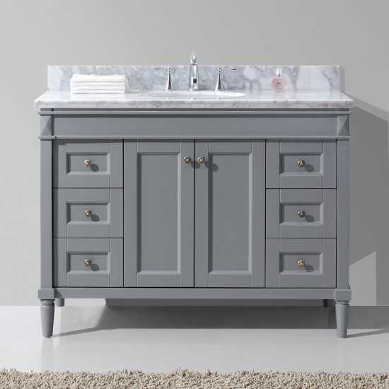 Tiffany 48" Single Bath Vanity in Gray with White Marble Top and Round Sink with Brushed Nickel Faucet