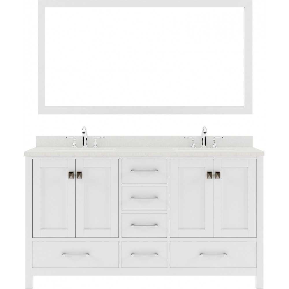 Caroline Avenue 60" Double Bath Vanity in White with White Quartz Top and Square Sinks and Matching Mirror