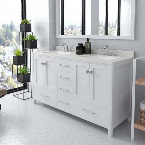 Caroline Avenue 60" Double Bath Vanity in White with White Quartz Top and Square Sinks and Matching Mirror