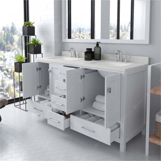 Caroline Avenue 60" Double Bath Vanity in White with White Quartz Top and Square Sinks and Matching Mirror