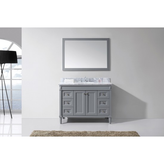 Tiffany 48" Single Bath Vanity in Gray with White Marble Top and Round Sink with Polished Chrome Faucet and Matching Mirror