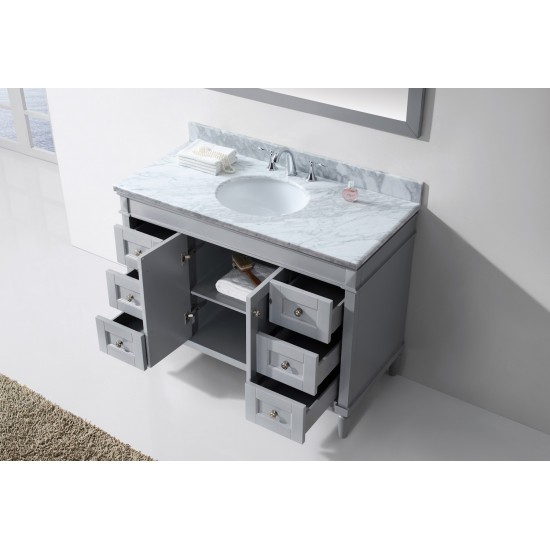Tiffany 48" Single Bath Vanity in Gray with White Marble Top and Round Sink with Polished Chrome Faucet and Matching Mirror