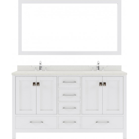 Caroline Avenue 60" Double Bath Vanity in White with White Quartz Top and Square Sinks with Polished Chrome Faucets and Mirro