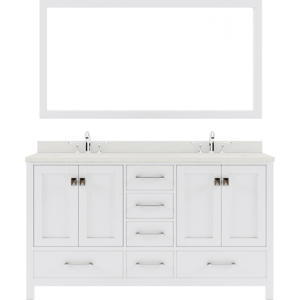 Caroline Avenue 60" Double Bath Vanity in White with White Quartz Top and Square Sinks with Polished Chrome Faucets and Mirro