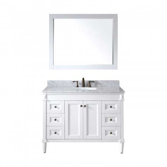 Tiffany 48" Single Bath Vanity in White with White Marble Top and Round Sink and Matching Mirror