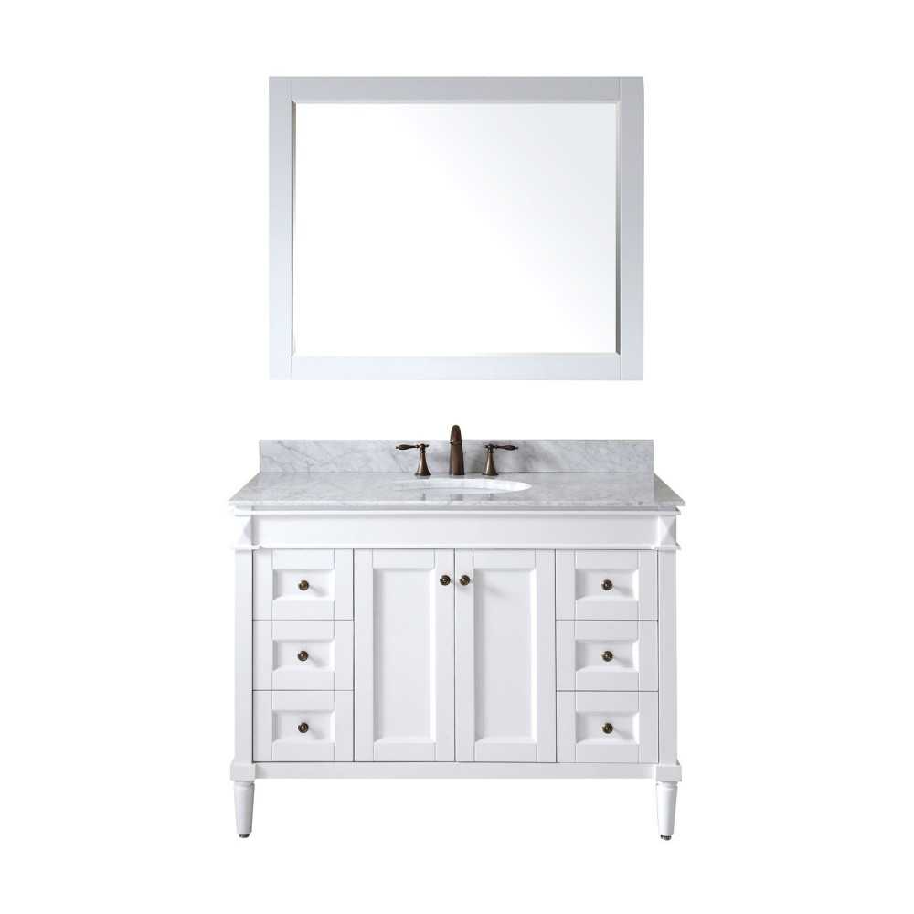 Tiffany 48" Single Bath Vanity in White with White Marble Top and Round Sink and Matching Mirror