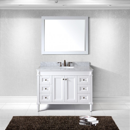 Tiffany 48" Single Bath Vanity in White with White Marble Top and Round Sink and Matching Mirror