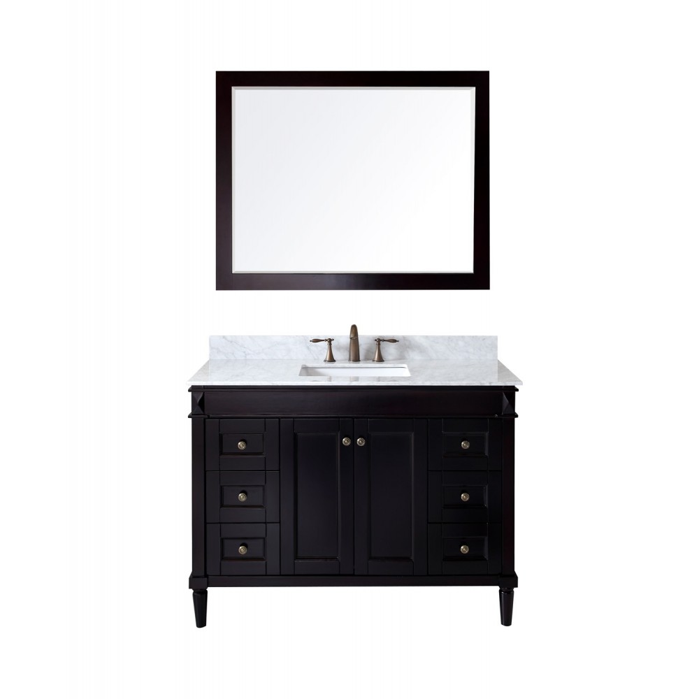 Tiffany 48" Single Bath Vanity in Espresso with White Marble Top and Square Sink and Matching Mirror