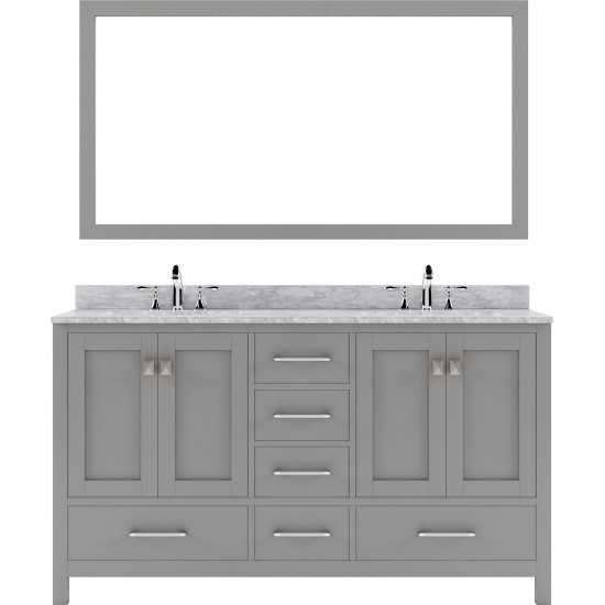 Caroline Avenue 60" Double Bath Vanity in Cashmere Gray with White Marble Top and Round Sinks and Matching Mirror