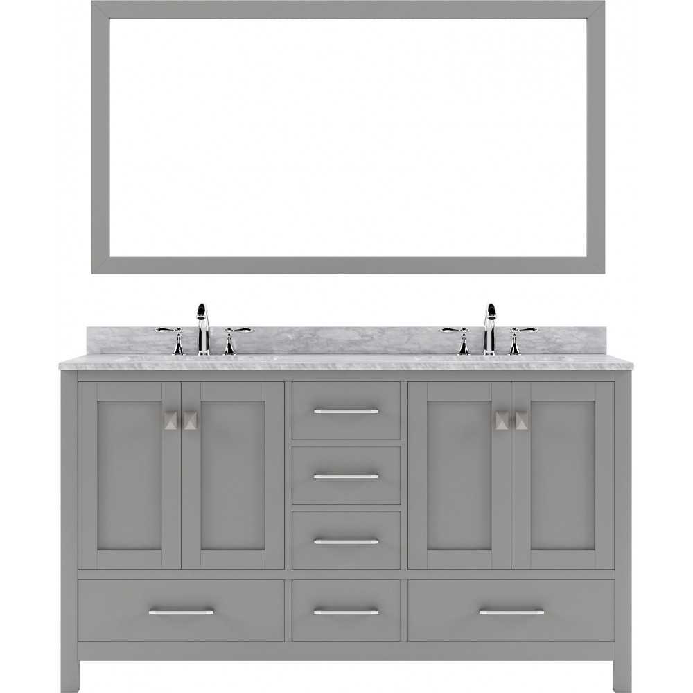 Caroline Avenue 60" Double Bath Vanity in Cashmere Gray with White Marble Top and Round Sinks and Matching Mirror